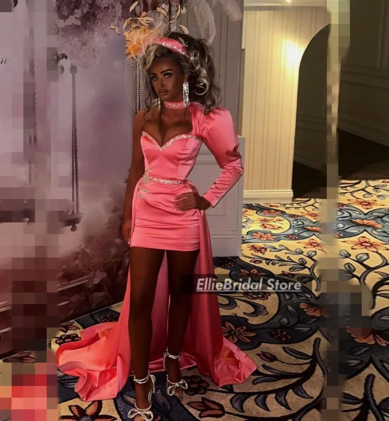 

Mini Cocktail Dress with Detachable Train Crystals One Shoulder Pink Party Gowns 2025 Satin Column Prom Dresses Customized