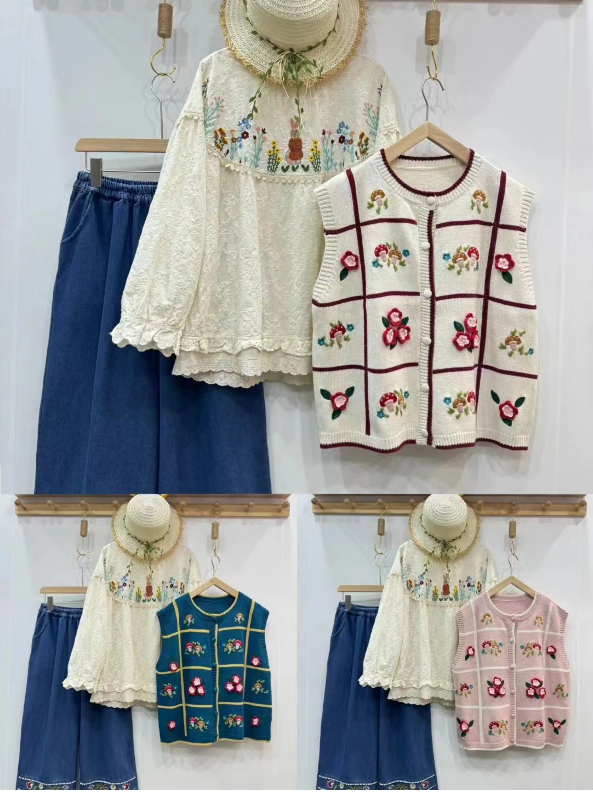 Autumn New Sweet Mori Style Embroidered Sweater Vest Women Flowers Single Breasted Sleeveless Tops D122