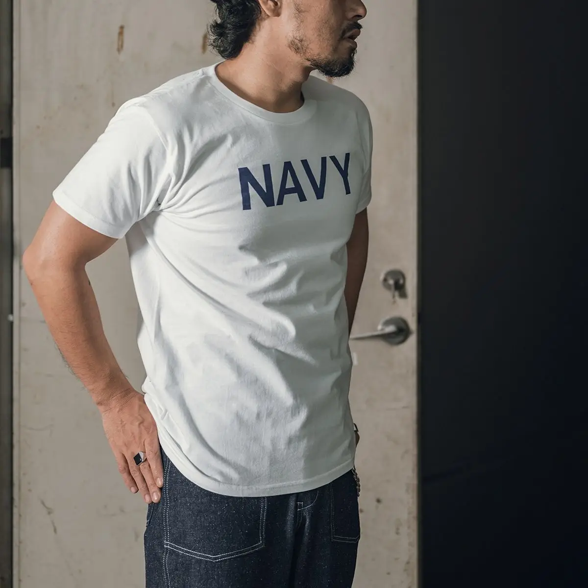 Qingtian Workwear, American Retro Round-neck NAVY Pure Cotton Printed Short-sleeved T-shirt Men's Amei Kaki Tough Guy Base Layer