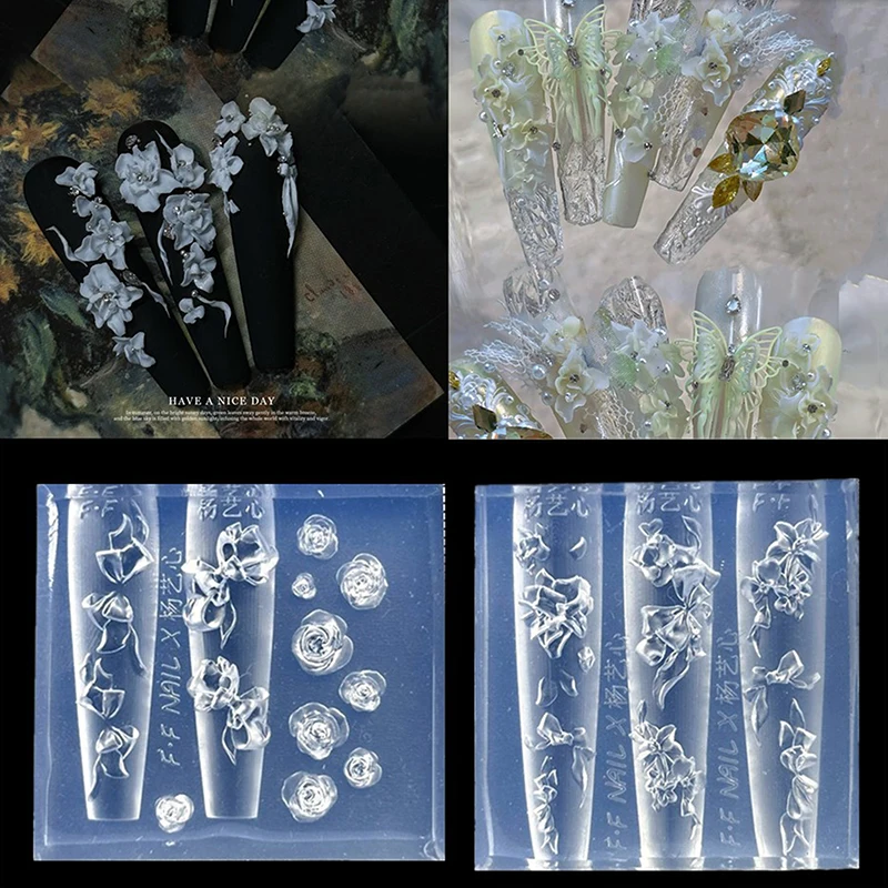 ♥ 우아한 꽃무늬 네일 아트 실리콘 몰드 - DIY 매니큐어를 위한 3D 꽃 및 나비 네일 장식 몰드, 섬세한 네일 아트 용품