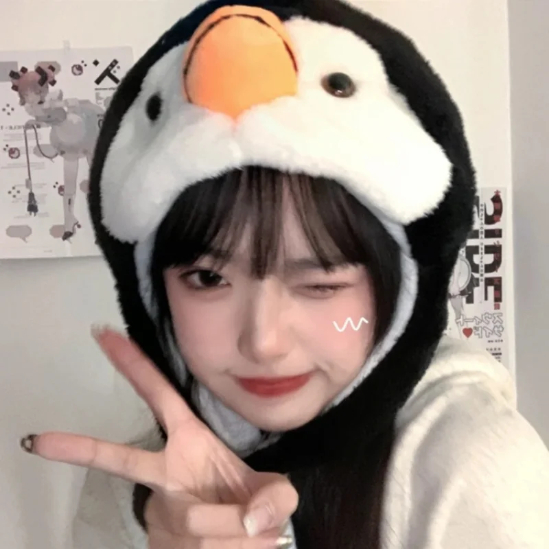 Y2K Adult Kids Winter Cute Plush Animal Character Beanie Hat with Pom Pom Ends Funny Stuffed Earflap Cap Cosplay Costume Caps