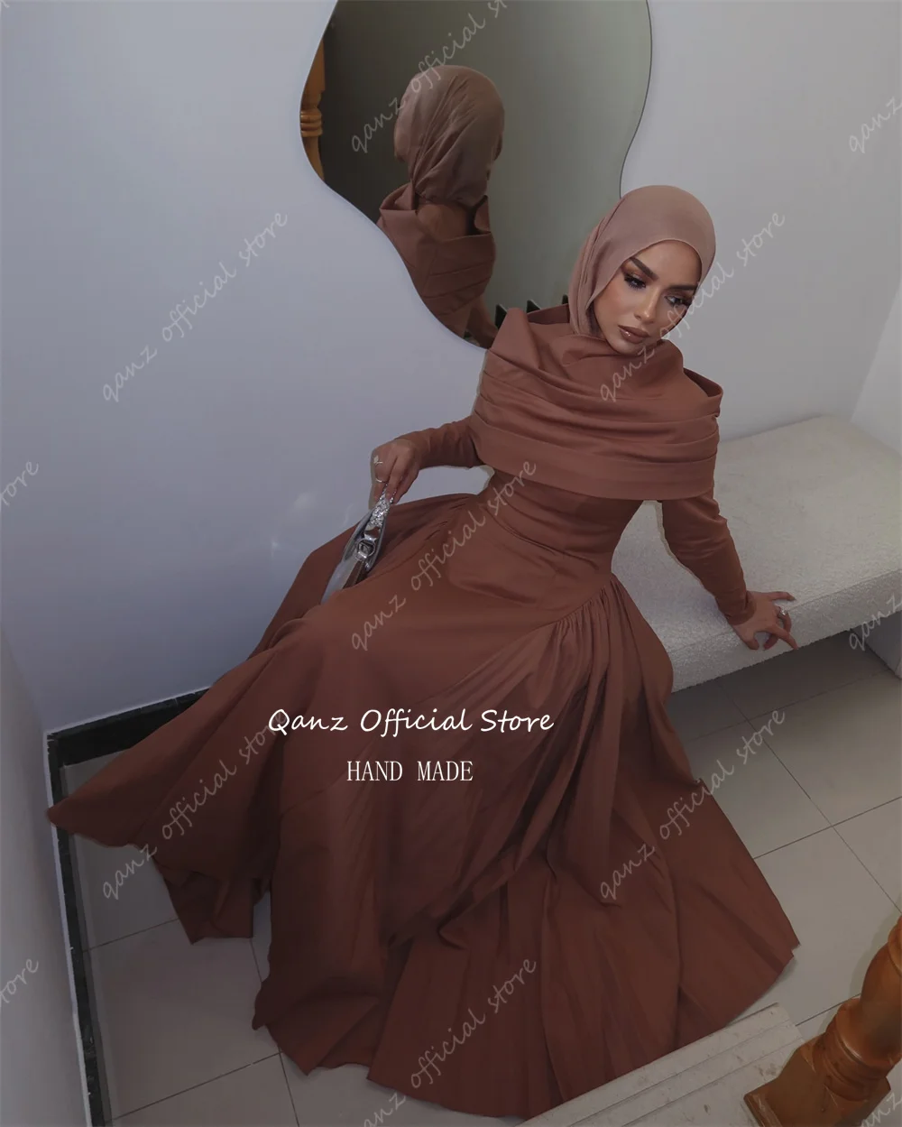 Qanz Eid Muslim Evening Dresses Women Long Sleeves Pleat Islam Vestidos Arab Long Robe Ramadan Morocco Dubai Abayas Customized