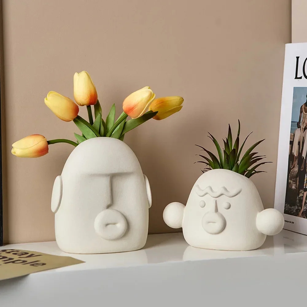 Creative Living Room Desktop Ornament Planters Nordic Home Decoration Art Abstract Face Ceramic Vase Interior Flower Pot Vase