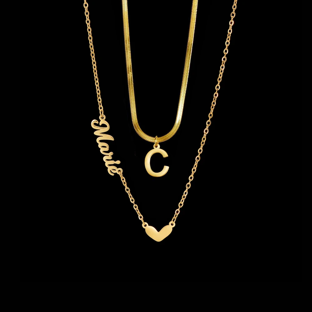 Atoztide Custom Name Necklace for Women 2 Layer Blade Chain Personalized Heart Stainless Steel Jewelry Choker Birthday Gifts - view 3