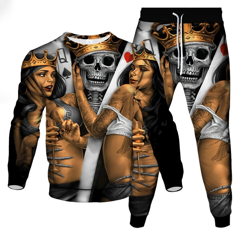 Fashion Autumn Poker 3D Print Men\'s Sportswear Set Casual Long-Sleeved T Shirt Pants 2-Piece Set Oversized Pullover Men Clothing