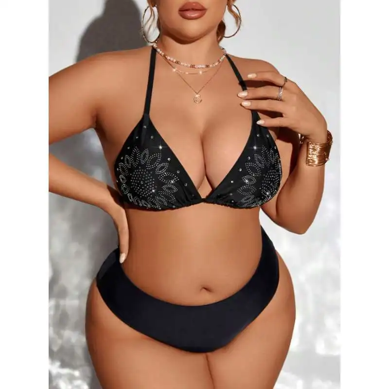 New Plus Size Rhinestone Bikini Set Women Halter Triangle Two Piece Swimsuit Black Sparkly Swimwear for Beach Pool Summer Brazil