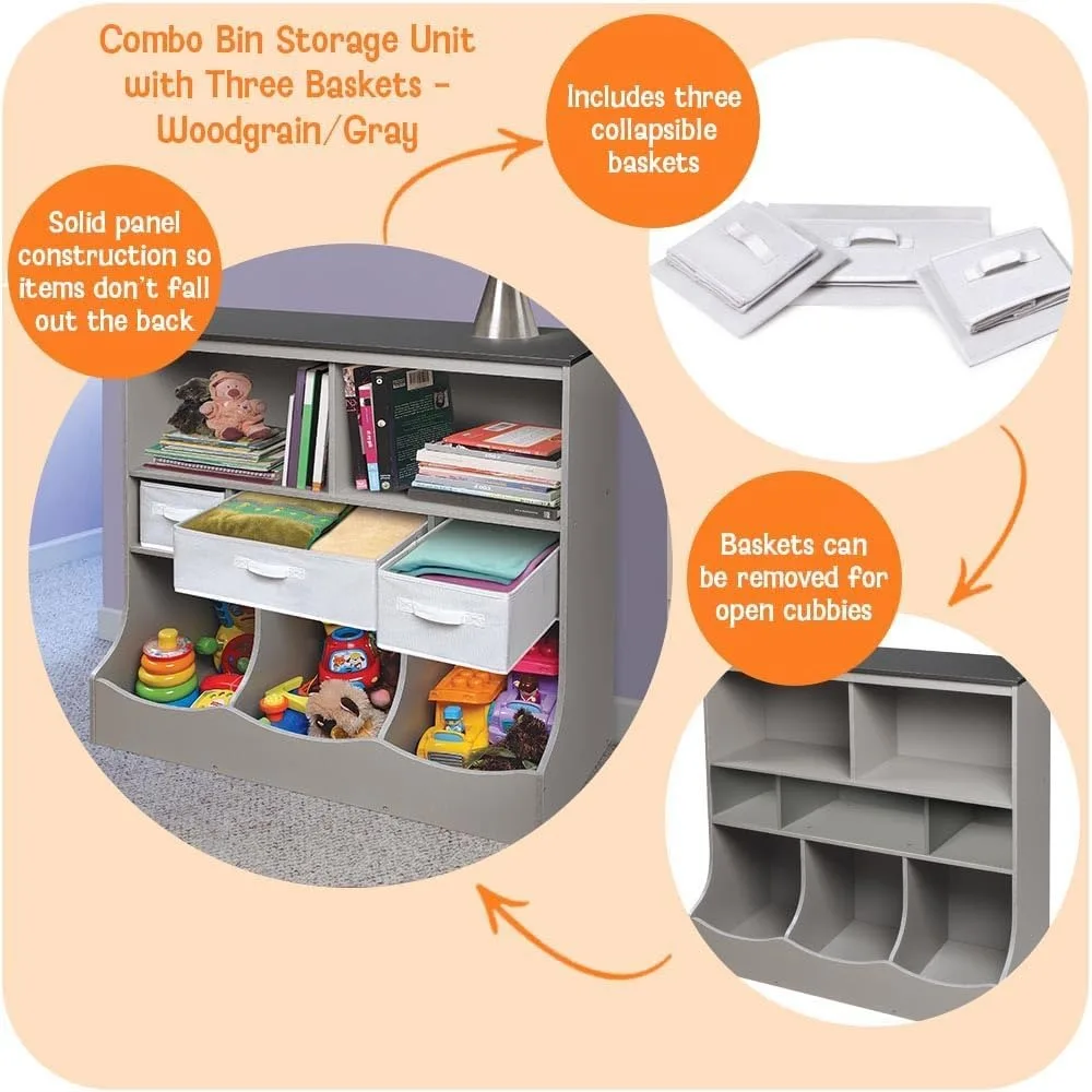 Kids Toy Storage Organizer with 3 Removable Baskets and Open Shelves - Woodgrain Gray Unit for Bedroom Playroom