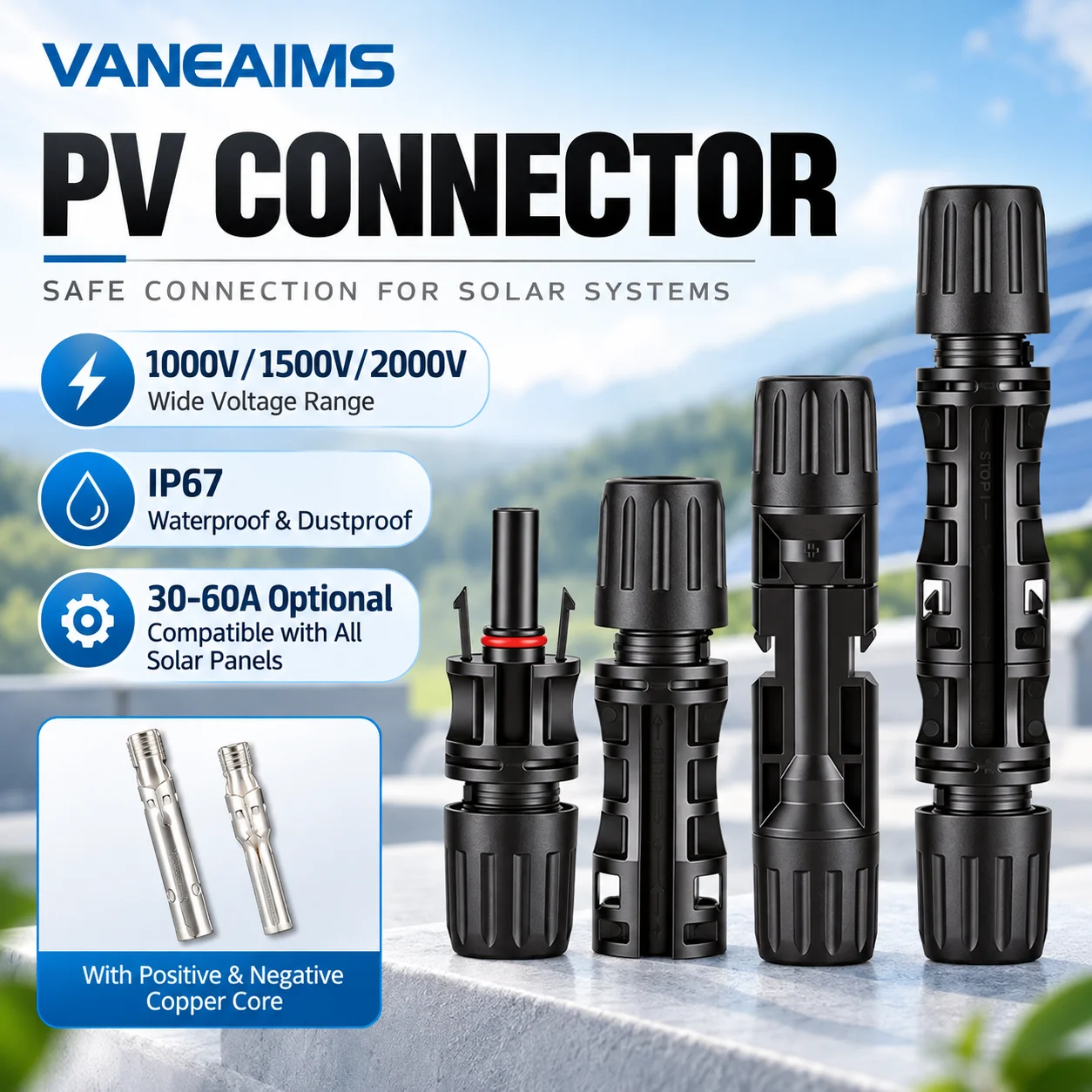 1 Set PV Solar Connector Male Female 1000V 1500V 30A 35A 40A 45A 50A 60A Solar Panel Connector Kit for PV Cable 2.5/4/6/10mm²