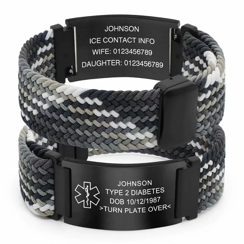 Personalisiertes Medizinisches Warnarmband Elastisches Nylon Individuell Graviertes Etikett Medizinisches ID-Armband Verstellbares Andenken-Geschenk für die Gesundheit – Detail 22