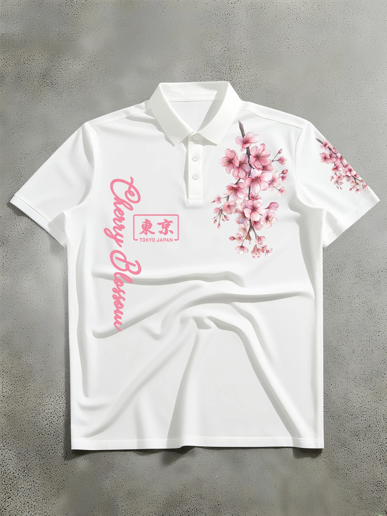 Men's short sleeved lapel polo shirt with fresh and exquisite cherry blossom print and pink handwritten font top