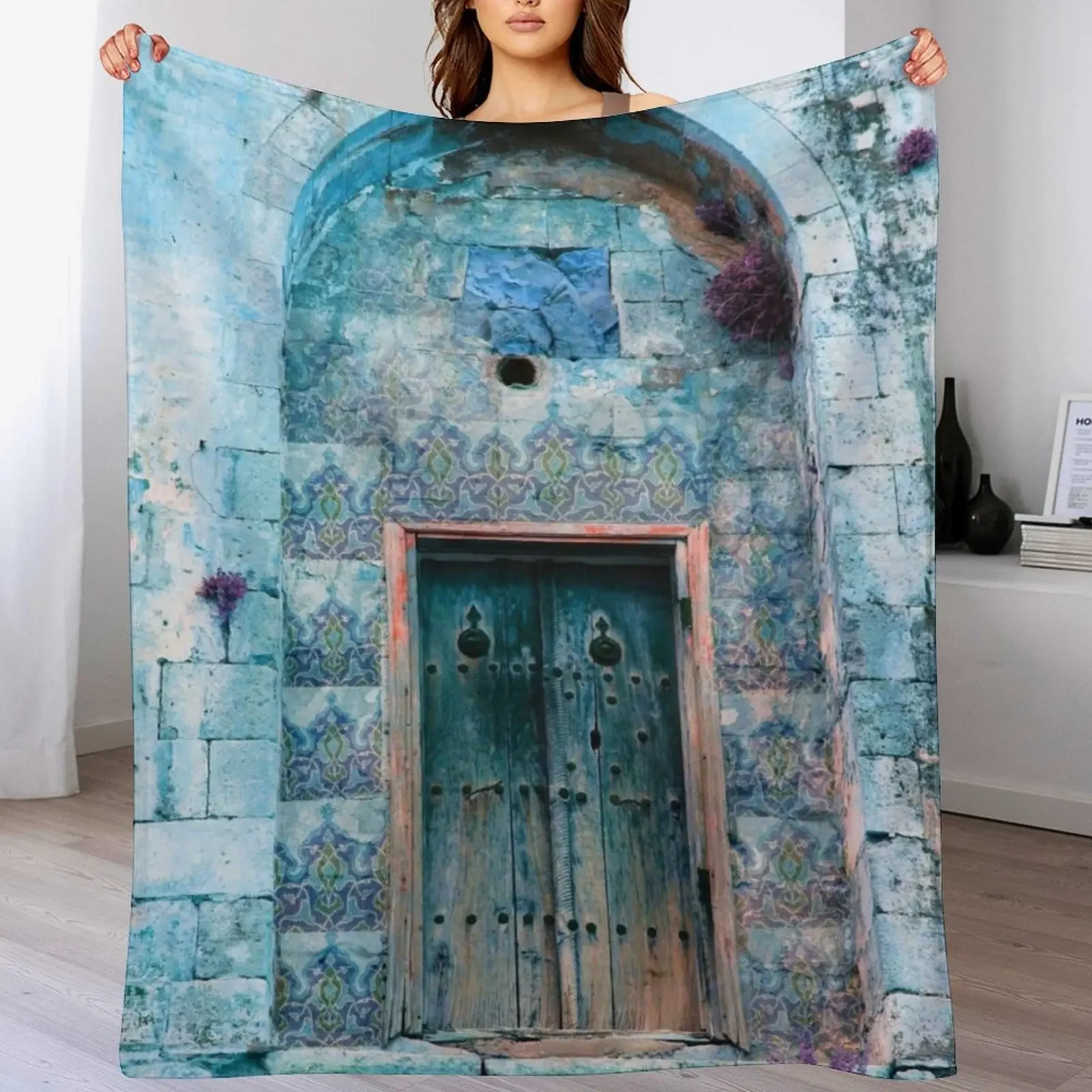 

Vintage Arabic Blue Door Throw Blanket funny gift For Baby Nap Decorative Sofas Blankets