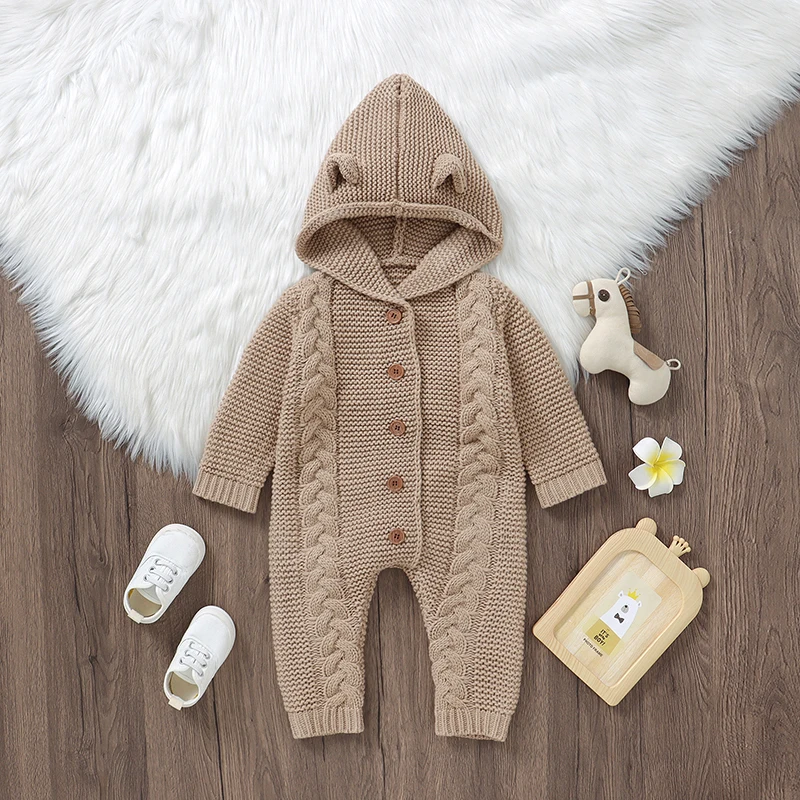 Autumn Baby Rompers Clothes Winter Solid Hooded Long Sleeve Knit Newborn Boys Girls Sweaters Jumpsuits 0-18m Infant Netural Wear