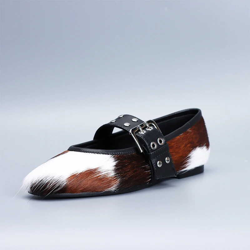 

High Quality Ballet Italy Flat Calf Hair Mary Jane Shoes for Women Designer Luxury Leather Flats Casual Footwear