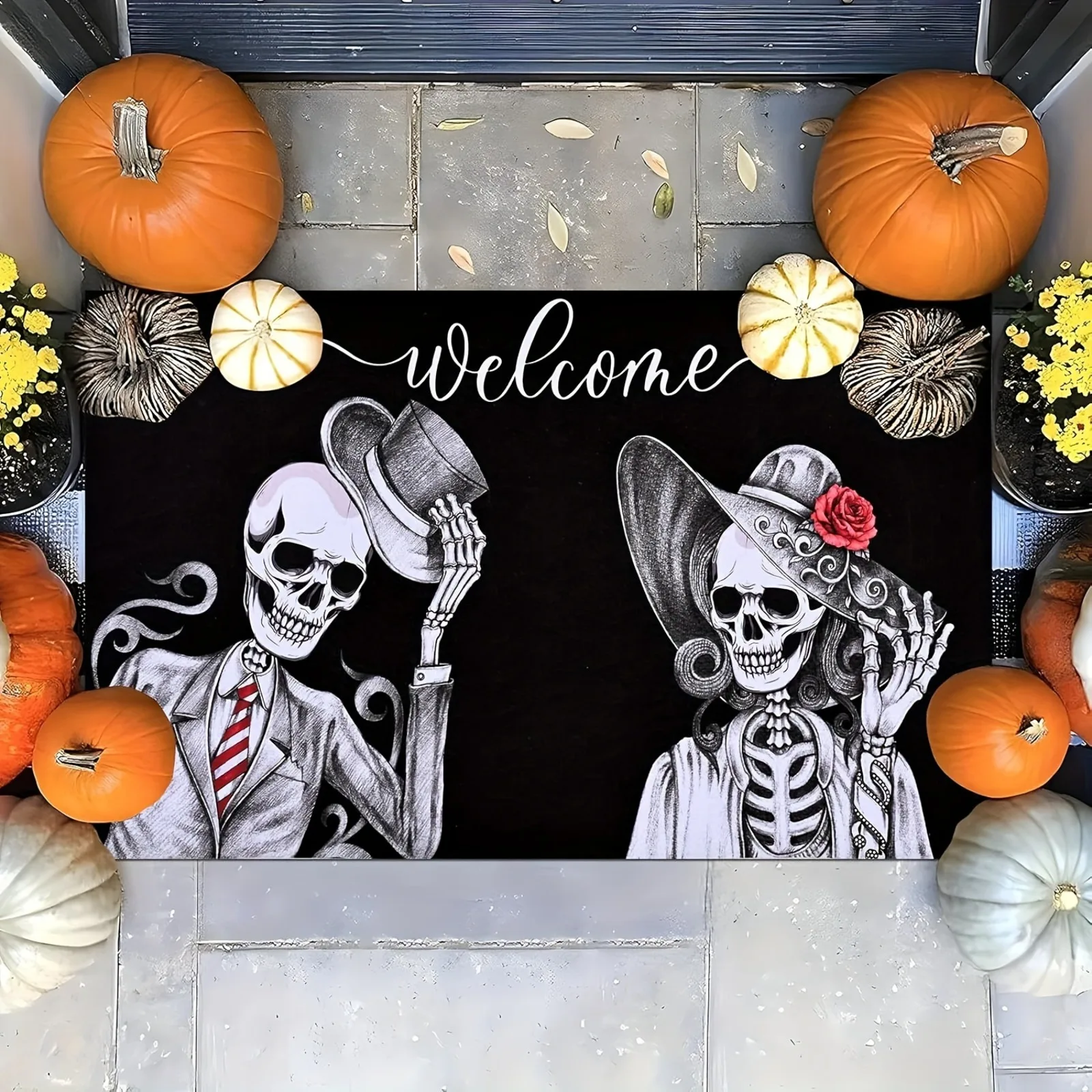 Premium Flannel + 0.43inch Thick Non-Slip Backing Halloween Doormat - Skull Couple Welcome Mat, Fun Outdoor/Indoor Rubber Door Mat for Front Entryway, Indoor Outdoor Mat, Machine Washable, Seasonal Decor, Home Decor Lovers, Festive Homeowners