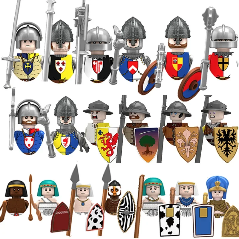 Figura militar de la guerra Civil en inglés Medieval, espadachín, milice de infantería, Mini arma, escudo, guerrero Tribal, bloques de construcción, juguetes para niños