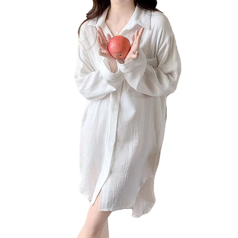 White Women Nightgown Korean Sleepwear Pocket Nightwear Autumn Night Dress Long Sleeve One Piece Pajamas Button Home Wear New