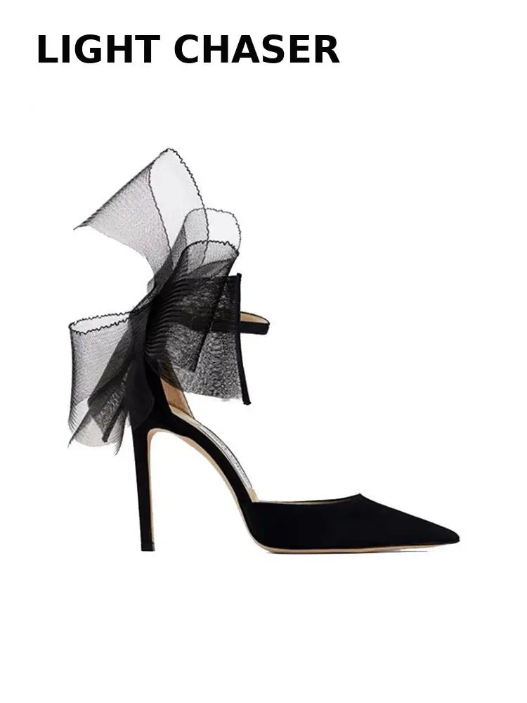 Spring New Bow-knot Pointed High-heeled Shoes Women's Stilettos With Shallow Mouth Ladies Fairy Wind One Word Belt Sandals Women