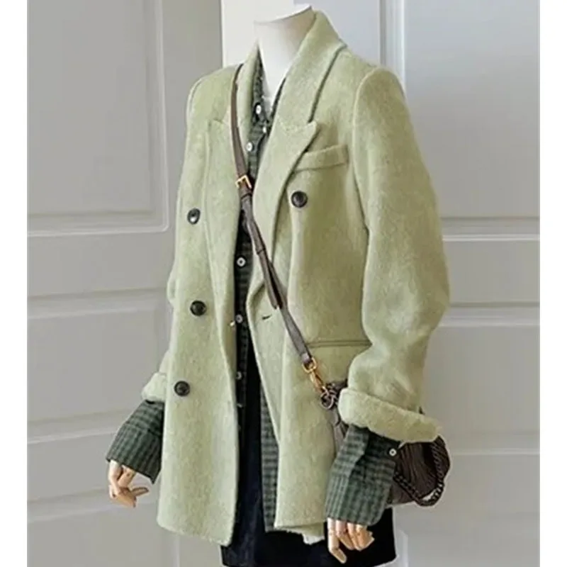 Весенне-осенний женский модный костюм, шерстяное пальто, корейская женская шерстяная куртка с длинными рукавами, 2025 г., женская однотонная верхняя одежда из смеси снимков Весенне-осенний женский модный костюм, шерстяное пальто, корейская женская шерстяная куртка с длинными рукавами, 2025 г., женская однотонная верхняя одежда из смеси снимков