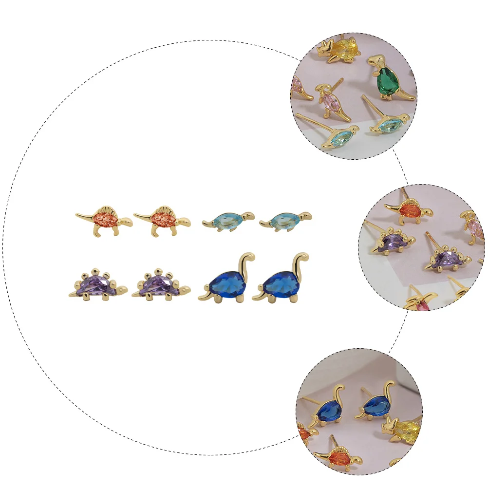 

4 Pairs Cartoon Dinosaur Stud Earrings 18K Gold Color Animal Shape Ear Accessories Fine Workmanship Comfortable Party Gifts