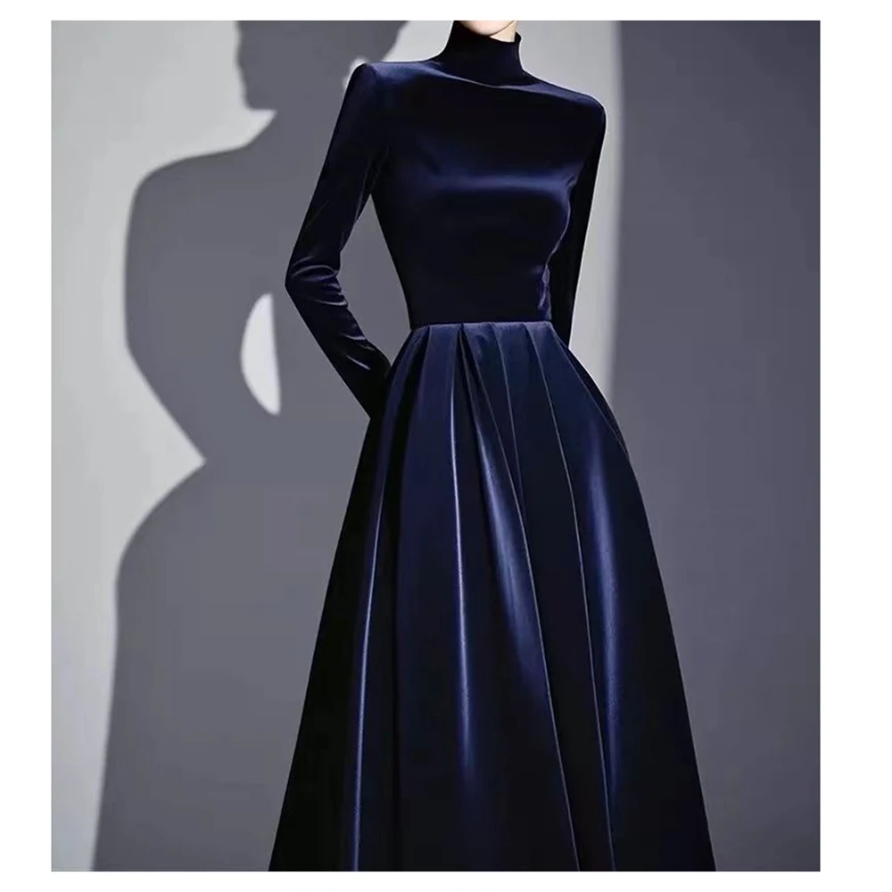 

Blue high neck velvet dress 2024 winter rich heiress high-end banquet dress long boho dress vestidos de verano mujer