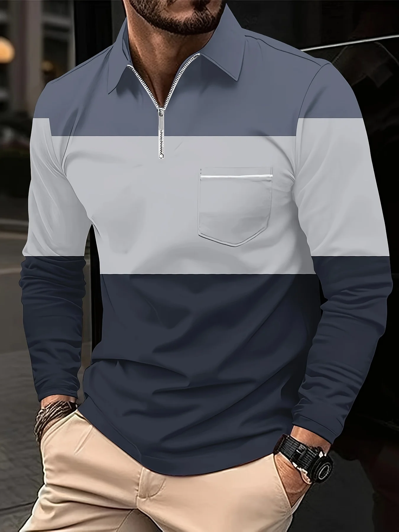 Spring and Autumn New Fashion color contrast long sleeve POLO shirt Men's casual stripes breathable long sleeve shirt POLO