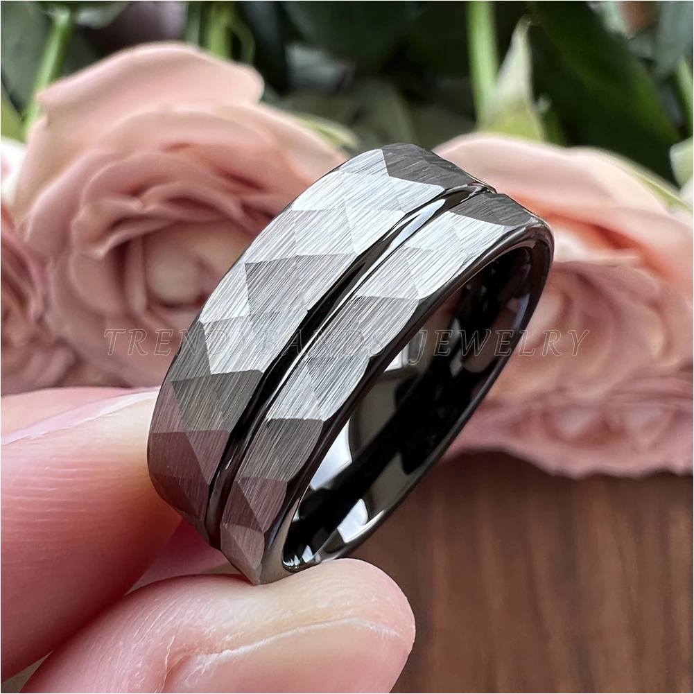 Rings for Men Women Wedding Band Black Tungsten Carbide Engagement Fashion Jewelry Hammered Brushed Finish Comfort Fit