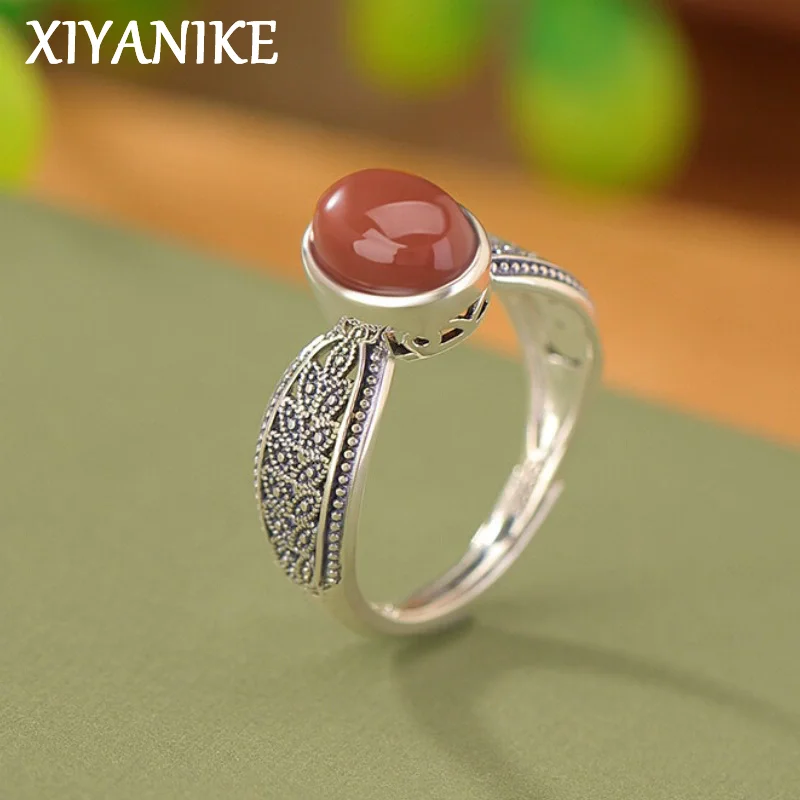 XIYANIK Thai Silver Wheat Ear Southern Red Ellipse Adjustable Rings For Women Ethnic Fashion New Jewelry Gift Party anillos