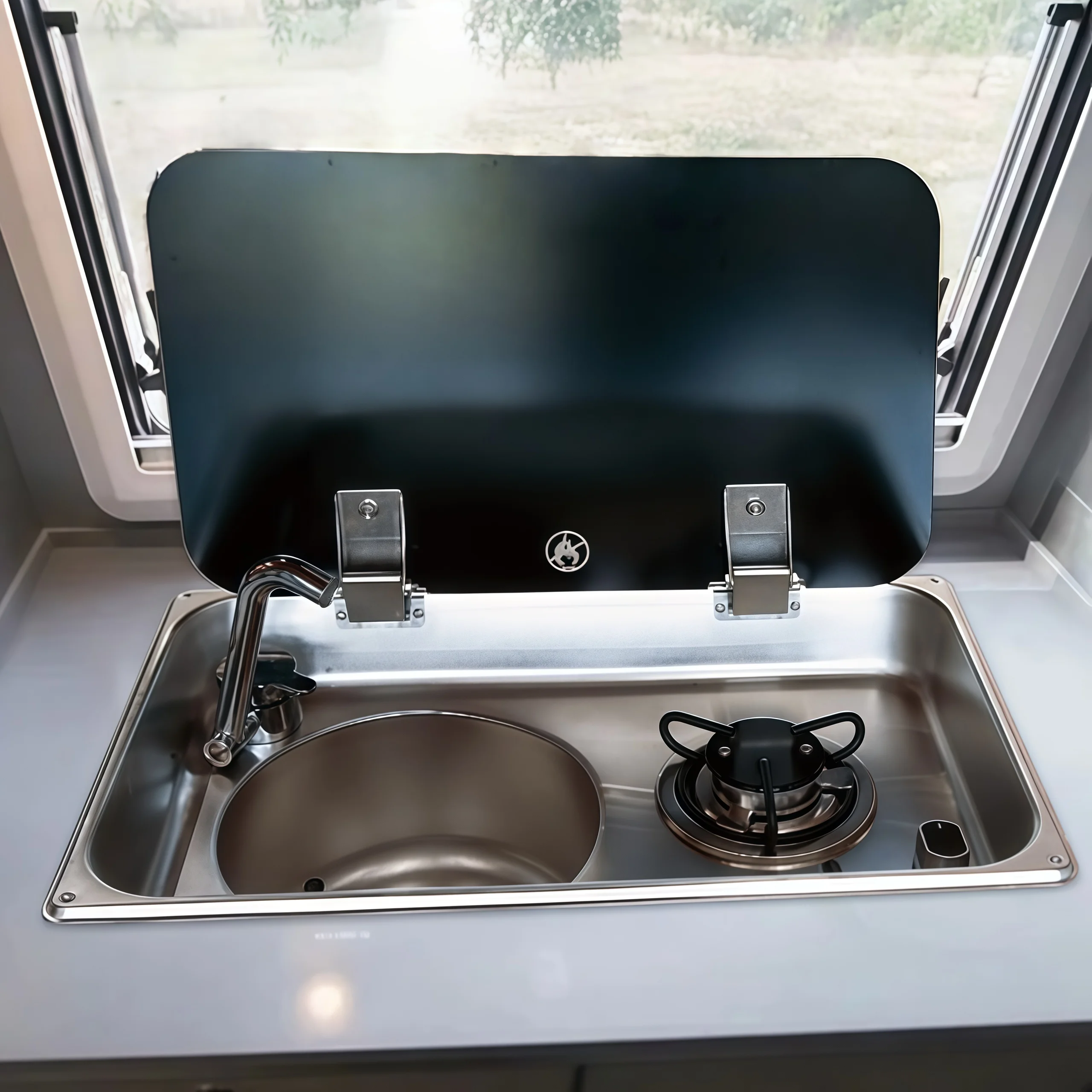 Stainless Steel RV Kitchen Sink And Gas Stove Combo With Glass Lid Single Burner & Basin For Camper Van Caravan