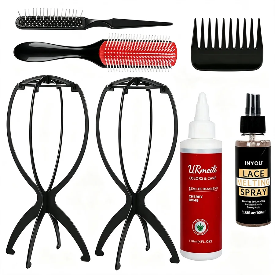 Wig Install Kit with Lace Melting Spray Lace Wig Glue, Wig Stand, Hair Brush & Wide Tooth Comb Lace Front Wig Application Tool