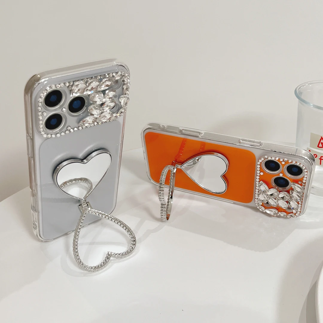 

Luxury Heart-Shaped Mirror Stand Holder Glitter Case For iPhone 13 15 14 16 17 Pro Max Camera Precision Hole Bracket Phone Cover