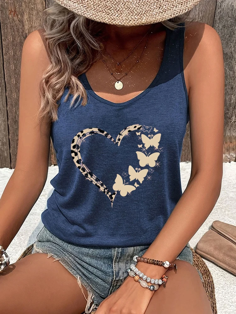 Woman Racerback Tank Top Leopard Butterfly Print Sexy Tops Butterfly Lover Gift Summer Outfit Heart Leopard Print Summer Tanks