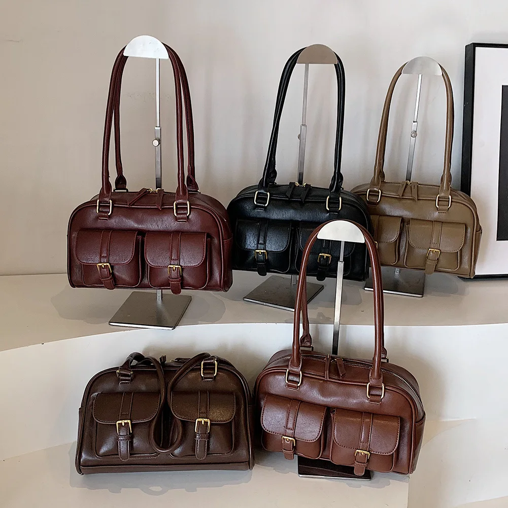 

Shoulder Bags for Women PU Leather Double Pocket Female Boston Tote Bag Zipper Ladies Underarm Bag Satchel Bag Commute Tote Bag