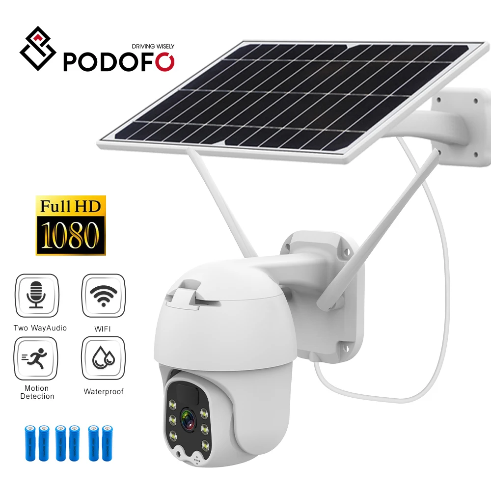 Podofo 2MP IP WIFI Camera Solar Panel Outdoor Security Protection Video Wireless Surveillance Camera Rechargeable Battery PIR