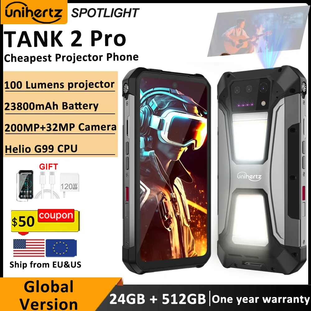 Unihertz Tank 2 Pro 8849 견고한 전화기(프로젝터 포함) 100MP 24GB 256GB Android 14 100MP NFC 120W Helio G99 23800mAh