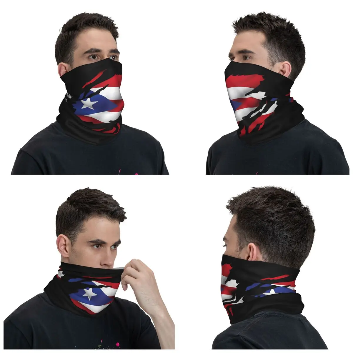 Puerto Rico Ripped Flag Bandana Neck Cover Printed Magic Scarf Multifunctional Cycling Scarf Hiking Unisex Adult Breathable