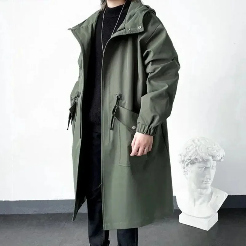 2025 Spring Autumn  Green Windbreaker Fashion Men Mid-length Casual Hooded Coat Men Daily High Street Overcoat Male Clothes