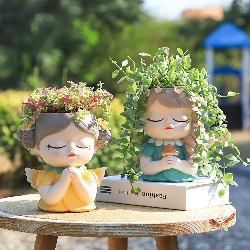 18cm/ 7inch Fairy Tale Planter for Succulents Plants Cute Girl Resin Flower Pot Decorative Garden Figures Home Tabletop Decor