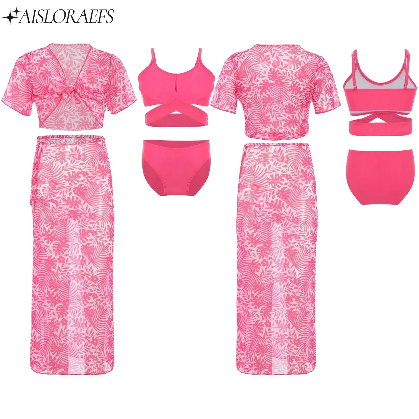 

8-12Y Girls 4-Piece Swimsuits Twist Front Criss Cross Wrap Bikini Set Bathing Suits with Tropical Print Coverup Tops with Skirts