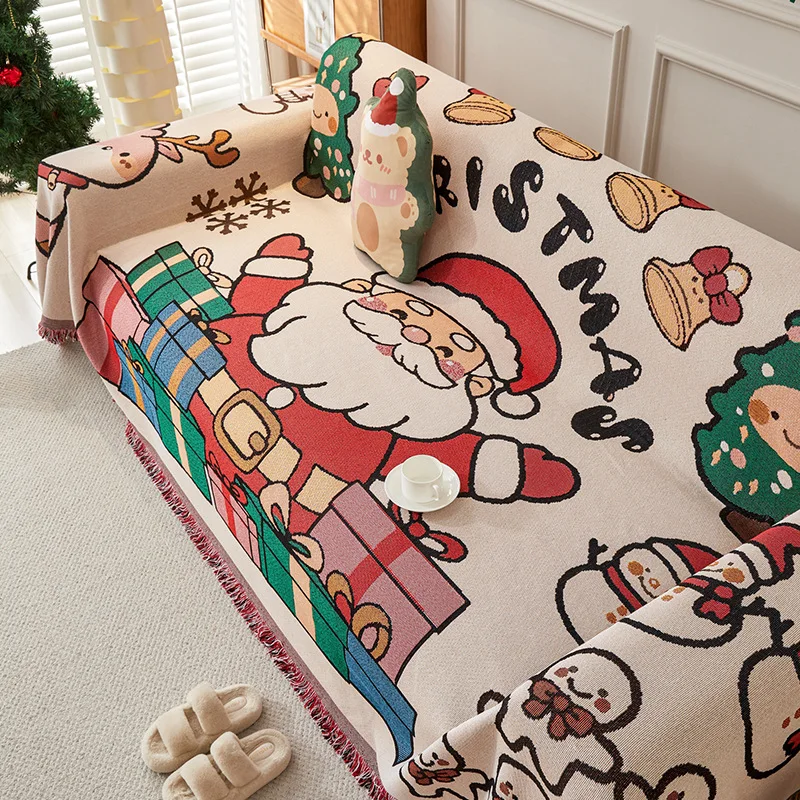 1pc Cartoon sofa towel all inclusive  all season universal sofa cover  Christmas celebration  holiday cotton linen cotton thread