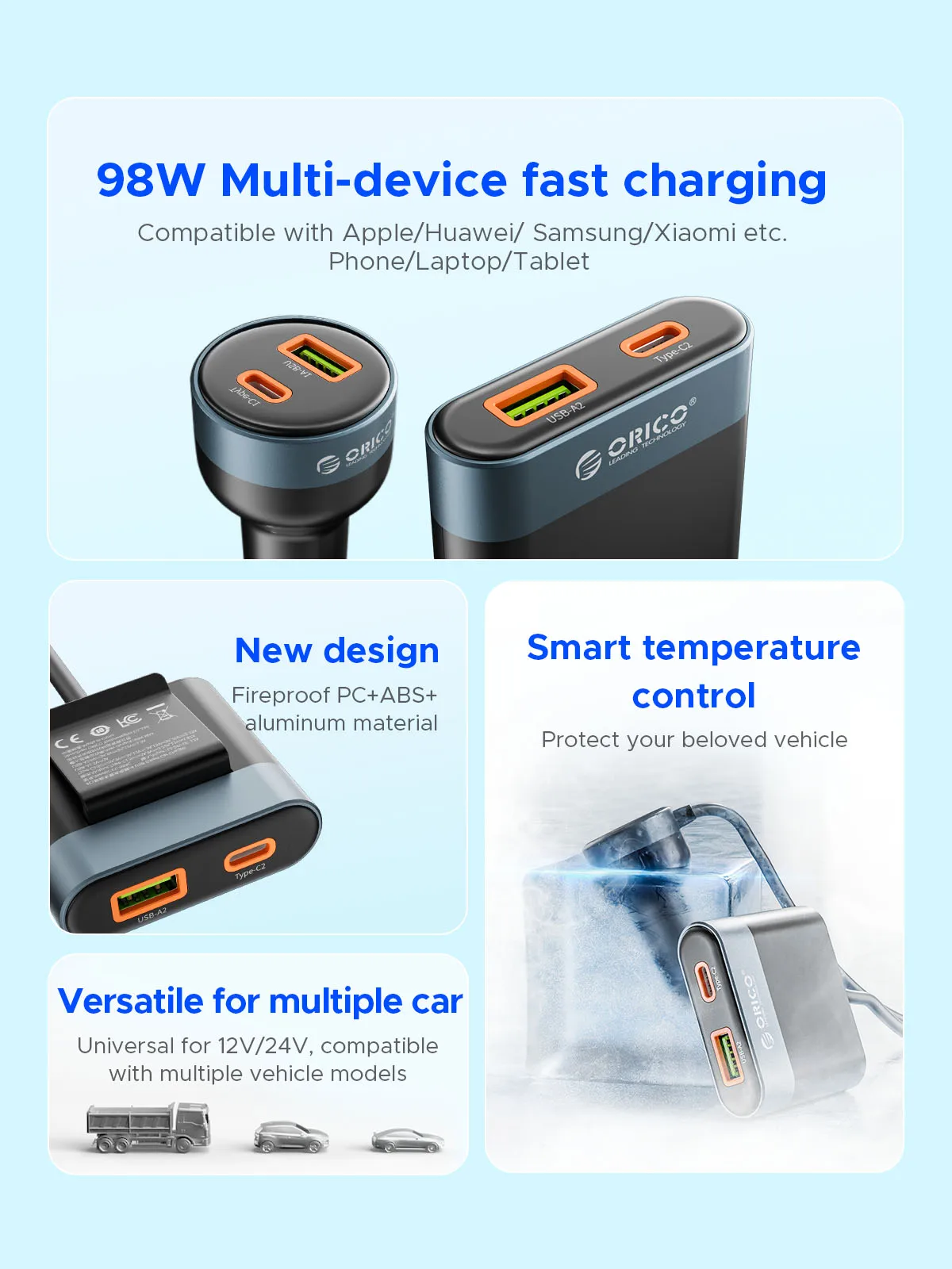 Orico 98W Autolader 2 USB-A En 2 Type-C Clip Ontwerp Voor Voor En Achterbank Familie Reizen Voor Apple Samsung Pd Qc 3.0