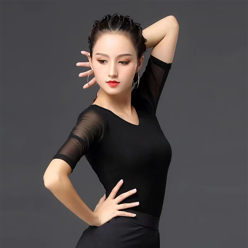 Black Elastic Mesh Lace See Through Half Sleeve Latin Dance Top Modern Flamenco Dancing Practice Leotard T Shirt Wholesale