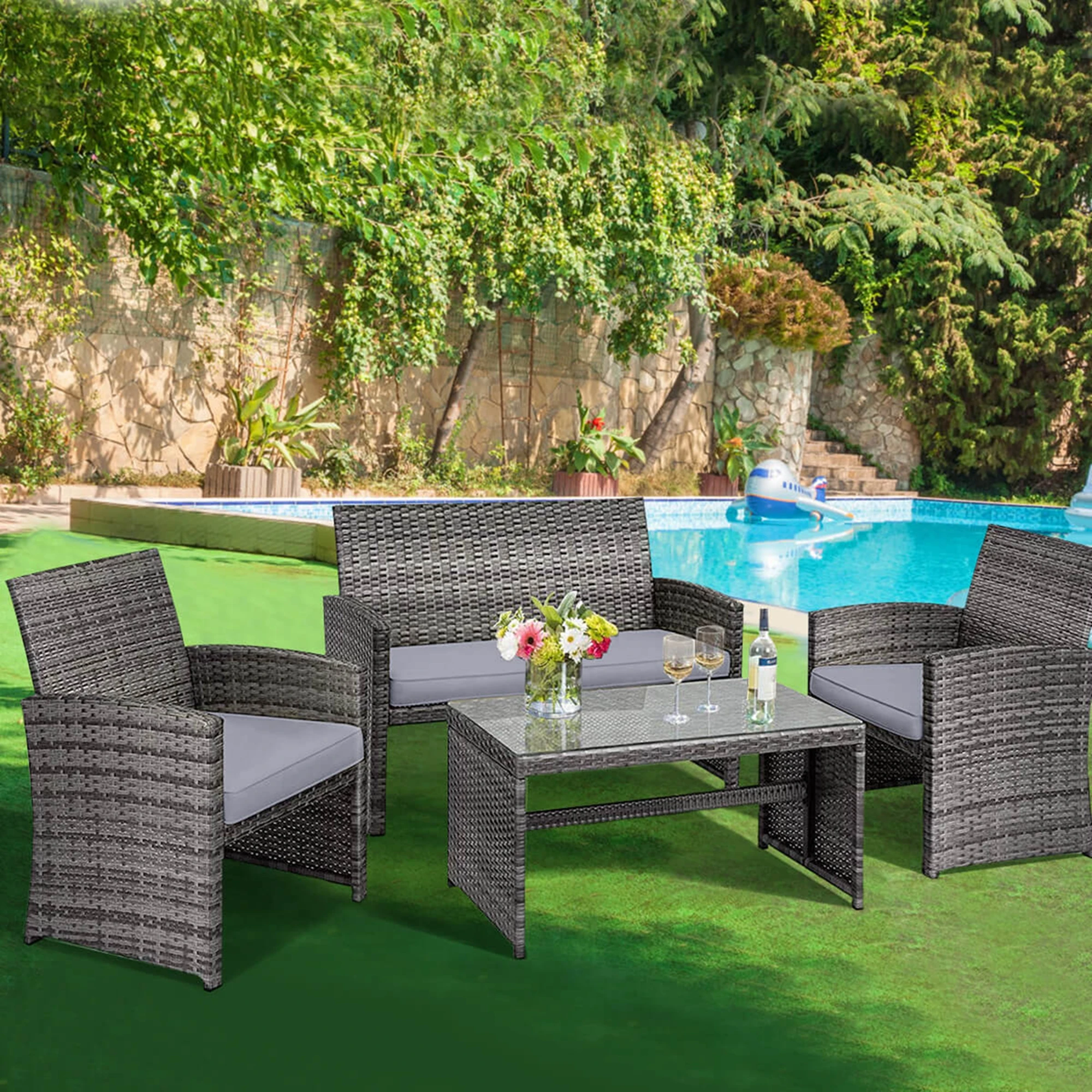 4 PCS Patio Rattan Furniture Set Conversation Glass Table Top Cushioned Sofa Grey