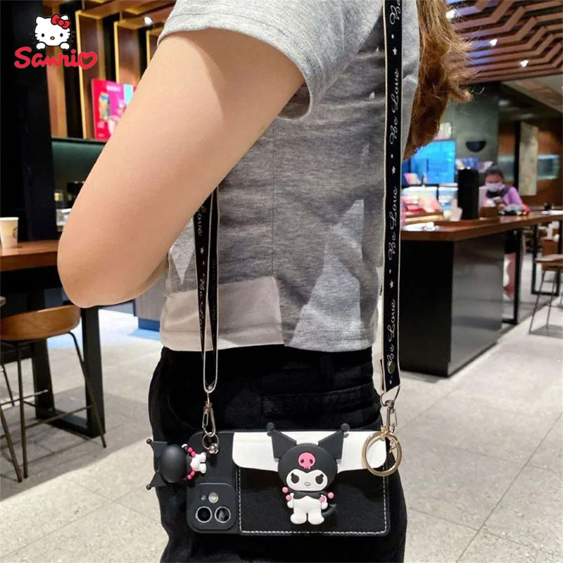 Kawaii Sanrio Kuromi Iphone14/13Promax Protective Case Cartoon Silica Gel Coin Purse with Straps Cell Phone Decorate Accessories