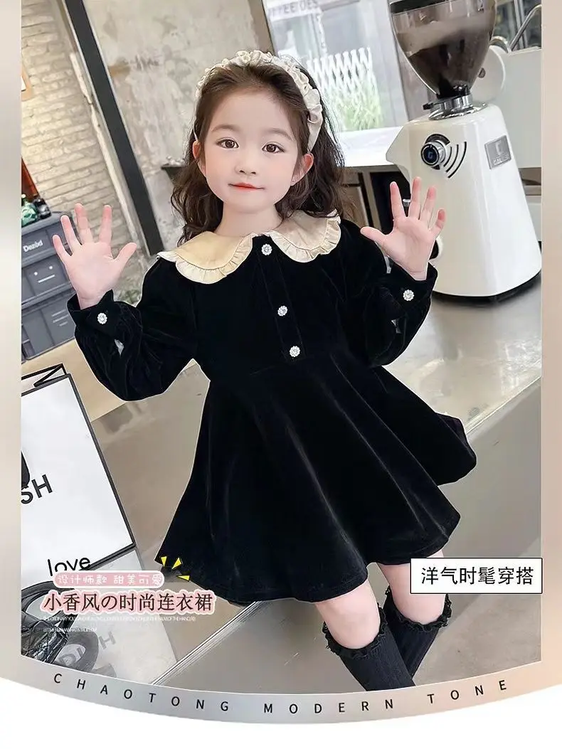 1-9Years Toddler Baby Girl Fall Long Sleeve Dress Children Black Princess Dresses for Girls Peter Pan Clollar Party Outfits 4 5