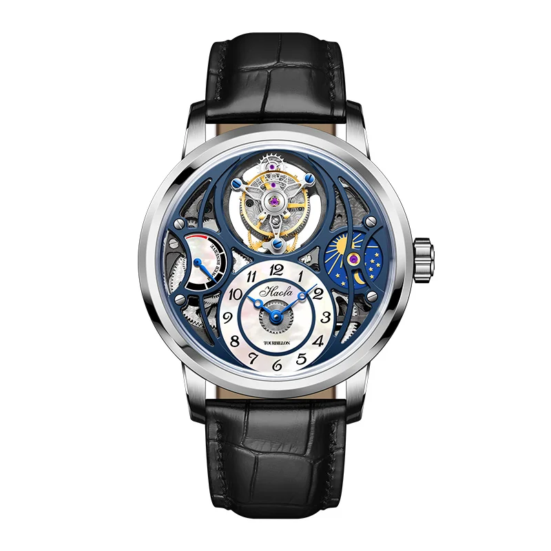 Haofa Mechanical watch Man Tourbillon Hollow Skeleton Day and Night Power Display Burning steel Crocodile leather Brand 1939