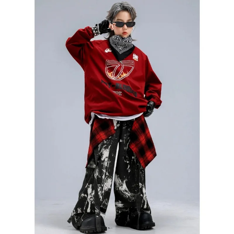 

Детский костюм для уличных танцев на Новый год: крутой красный комплект для мальчиков, наряд для выступлений в стиле хип-хоп для девочек, костюм для выступлений с барабанами