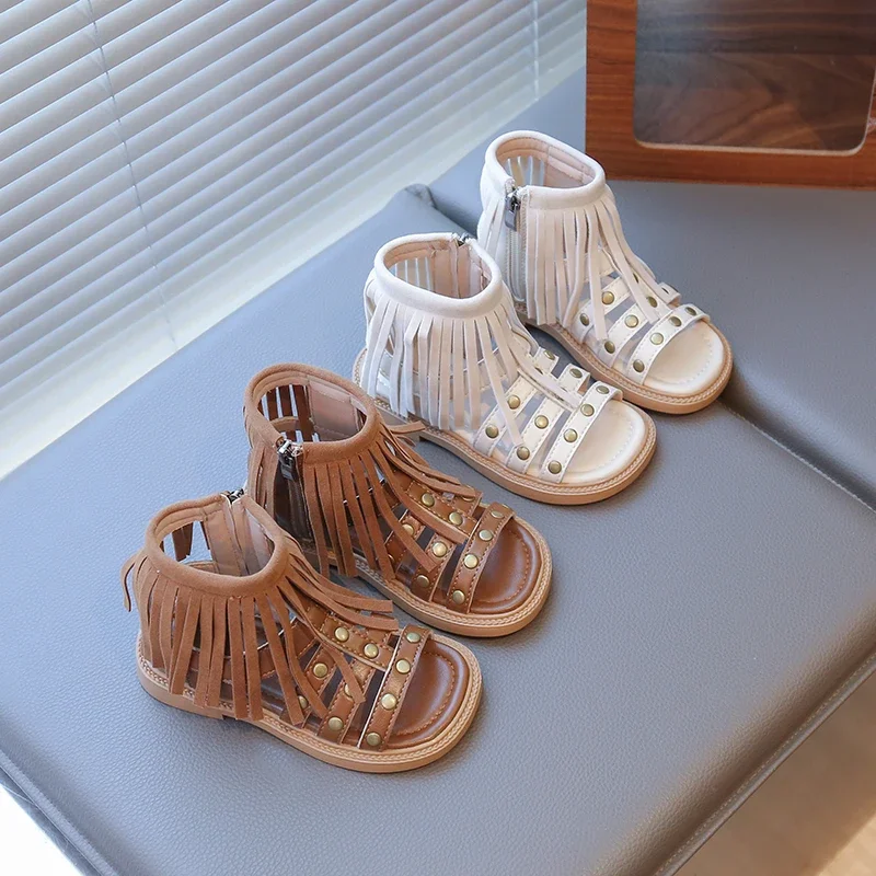 

Детские туфли-гладиаторы для девочек, лето 2024, нескользящие высокие римские сандалии для малышей, удобная пляжная обувь в стиле ретро с милыми кисточками