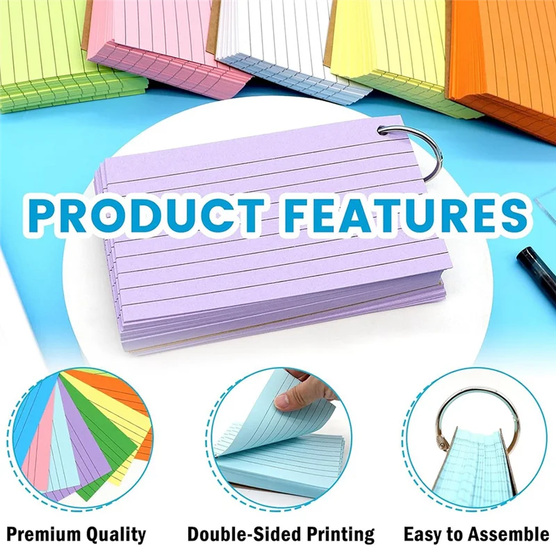 Index Cards 3X5 Inches Colored Flash Cards With Ring, Punched Lined Flashcard Ruled Index Cards Notecards