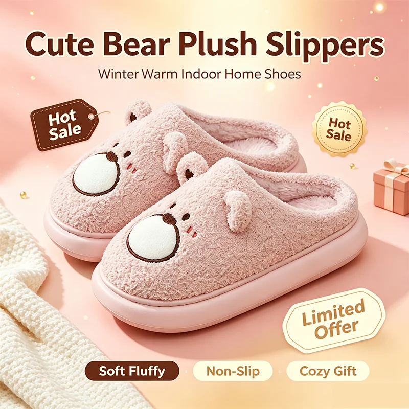 Cute 3D Bear Plush Slippers Women Winter Soft Fluffy Open Toe Slides Thick Platform Non Slip Warm Indoor Home House Shoes
