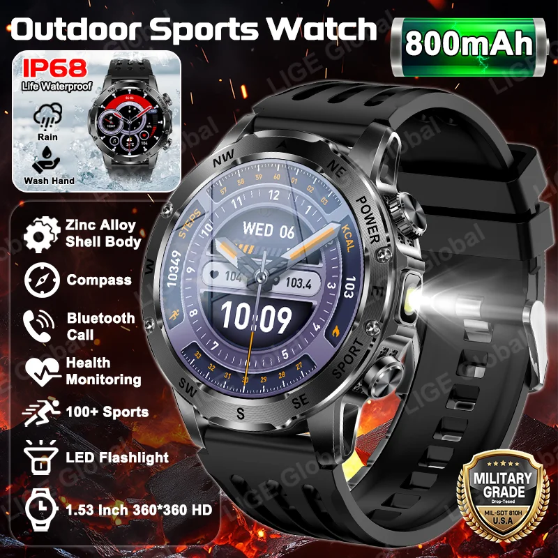 

LIGE 800mAh Large Battery Adult Smart Watch Men Compass Flashlight IP68 Waterproof BT Call Heart Rate Sports Fitness Smartwatch